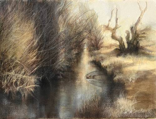 Meadow Stream in Winter with Duck